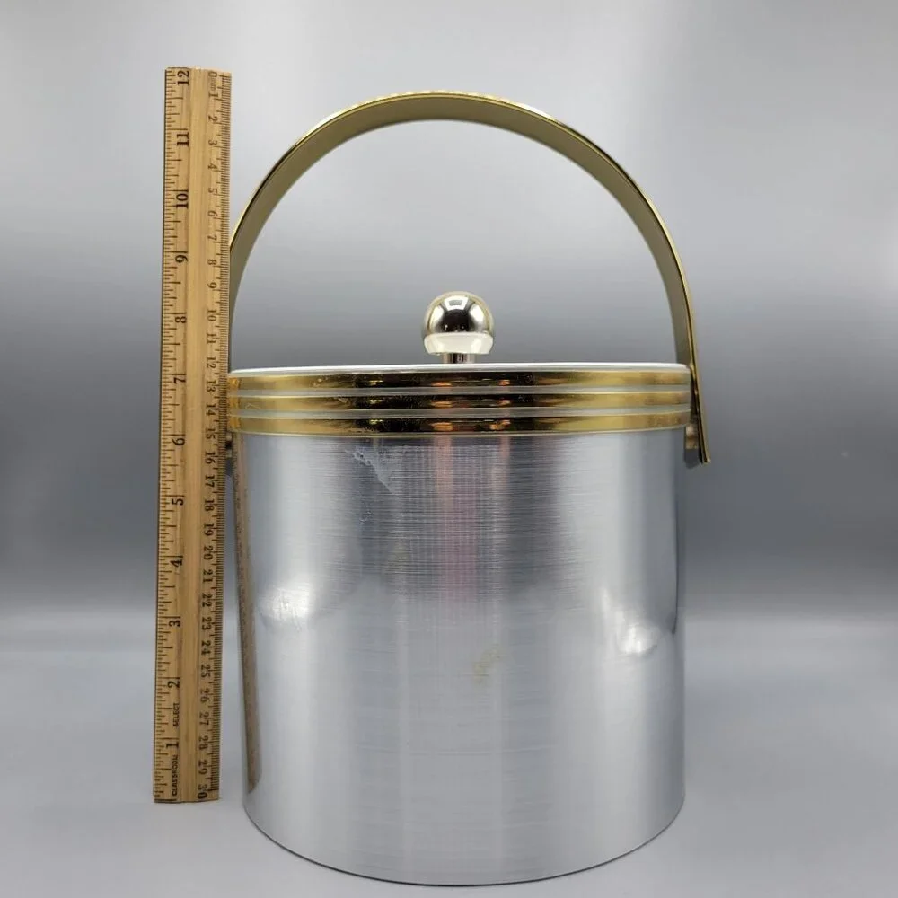 Vintage Mid Century Modern MCM Silver Gold Ice Bucket Clear Lid & Metal Handle